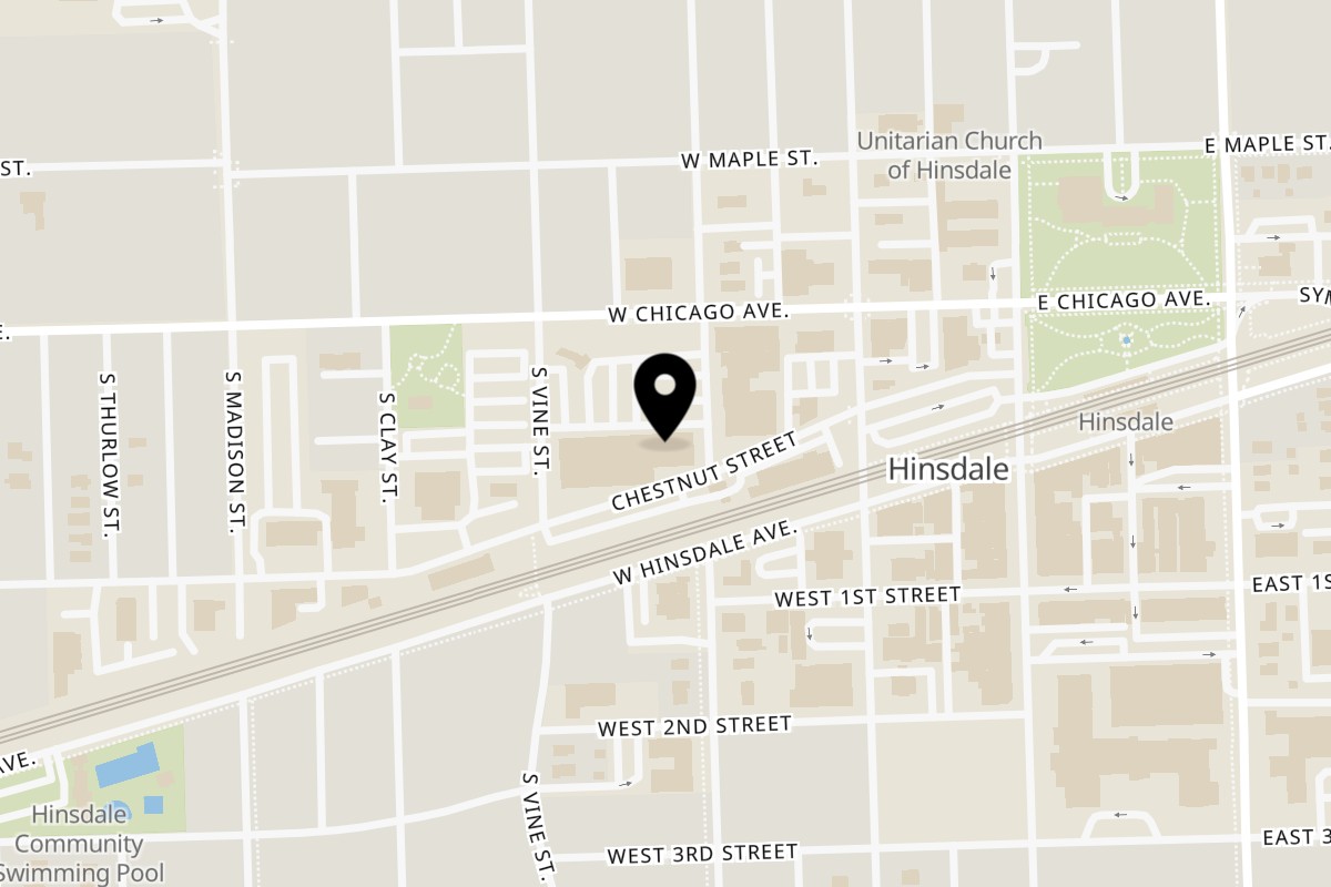 Map showing the location of YiaYia's Cafe on 13 Grant Square in Hinsdale